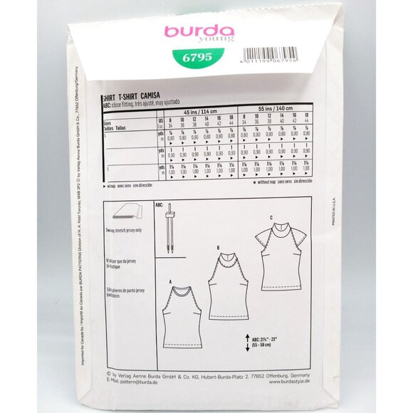 Burda Young Pattern 6795 T-Shirt Eur 34-44 US 8-18 Seam Hem Allowances Uncut - Picture 2 of 2